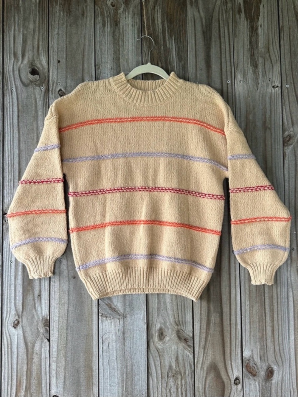 Beige Striped Crewneck Knit Sweater Womenâs Size Small